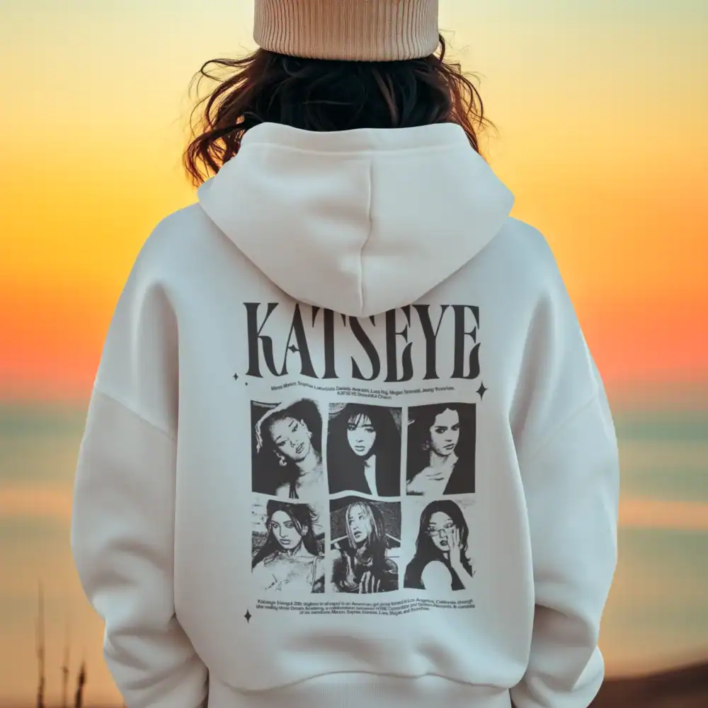 girl model watching the sunset wearing white katseye hoodie with popular collage design